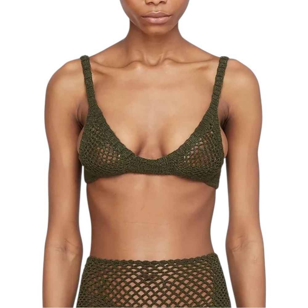 Isa Boulder Explore Crochet-Knit Bra - Olive Green Scoop Neck Open Weave Bra